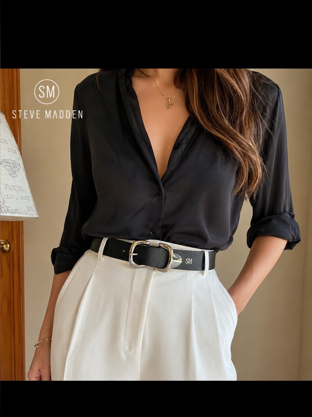 Steve Madden Black Belt with Gold & Silver Double Buckle (L) NWOT